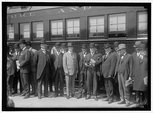 BALTIMORE AND OHIO RAILWAY. CABINET OFFICERS INSPECTING SAFTEY FIRST TRAIN: REDFIELD; GREGORY; LANSING; DANIELS; LANE; DANIEL WILLARD, PRESIDENT, B & O; W.D. WILSON; BAKER