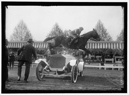 HORSE SHOWS. RALPH COFFIN JUMPING HIS HORSE OVER SYLVANUS STOKE'S ROLLS ROYCE
