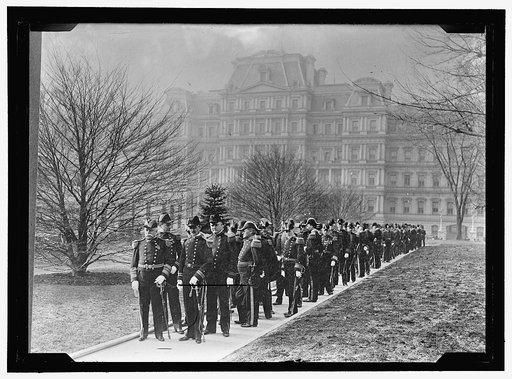 NEW YEAR'S RECEPTION AT WHITE HOUSE. ADMIRAL DEWEY, LEFT FRONT, AND OFFICERS STARTING FOR WHITE HOUSE. ADMIRAL BOB EVANS IS 3RD FROM FRONT, RIGHT