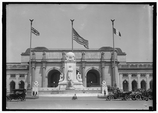 FLAGS. AMERICAN, BRITISH, AND FRENCH FLAGS IN FRONT OF UNION STATION, AWAITING ARRIVAL OF BALFOUR AND ALLIED COMMISSION