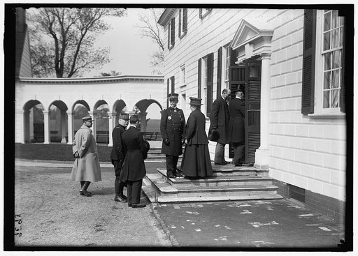 ALLIED COMMISSION TO U.S. AT MOUNT VERNON. IN GROUPS STROLLING ABOUT GROUNDS, MOST IMPORTANT PERSONS ONLY: JOFFRE; CHOCEPRAT