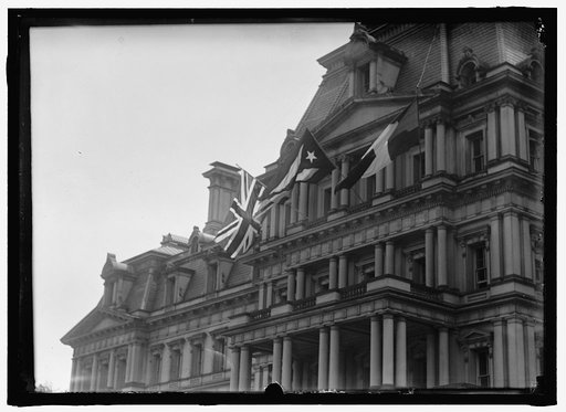 FLAGS. AMERICAN, BRITISH, AND FRENCH FLAGS ON STATE DEPARTMENT. VISIT OF ALLIED COMMISSION