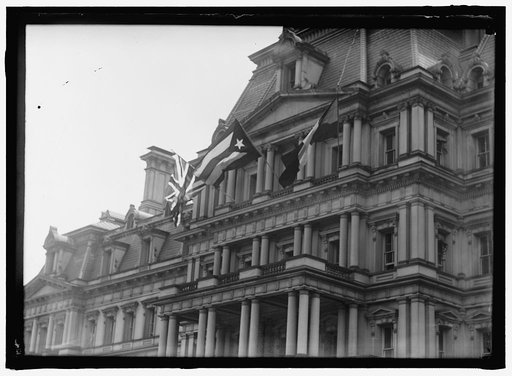 FLAGS. AMERICAN, BRITISH, AND FRENCH FLAGS ON STATE DEPARTMENT. VISIT OF ALLIED COMMISSION