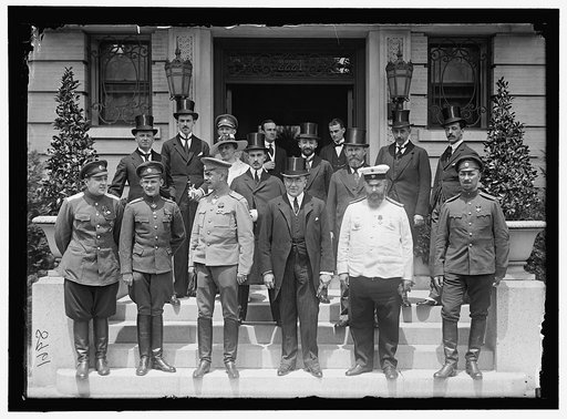 RUSSIAN MISSION TO U.S. FRONT: LT. DIMITRI MARTINOFF; CAPT. CHUTT; LT. GEN. ROOP, CHIEF OF GEN. STAFF; SPEC. AMB. BORIS BALKMETOFF, HEAD OF MISSION; PROF. LOMONOSSOF, HEAD OF RY. MISSION; COL. ORANOVSKY, ARTILLERY. 2ND ROW: KARPOVITCH, MILITARY ATTACHE; D.P. PERTZOFF, SEC. OF MISSION;SAK, ENG.; PROF