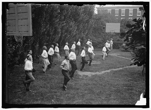 CAMP, WALTER, I.E., EXERCISE SCHOOL. CABINET OFFICIALS EXERCISING WITH OTHER GOVT. OFFICIALS