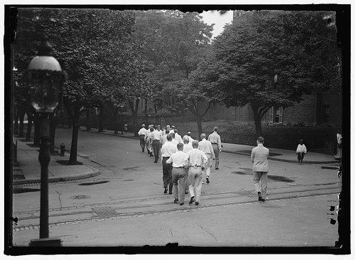 CAMP, WALTER, I.E., EXERCISE SCHOOL. CABINET OFFICIALS EXERCISING WITH OTHER GOVT. OFFICIALS
