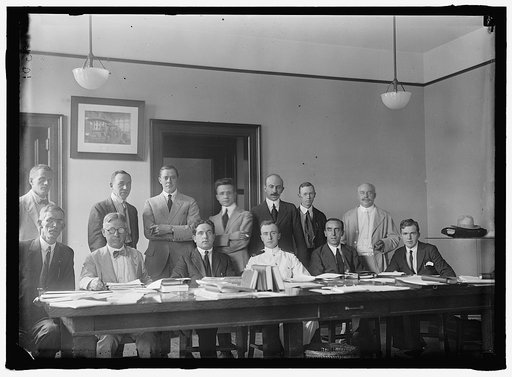 AIRCRAFT STANDARDIZATION BOARD. JOINT ARMY-NAVY TECHNICAL BOARD. SEATED LEFT, ERICCSON, IN CHARGE, CANADIAN AIRCRAFT; RIGHT, GEORGE K. BURGESS, OF BUREAU OF STANDARDS; DIFFIN, F.G., COLONEL, U.S.A.; TEN OTHERS UNIDENTIFIED