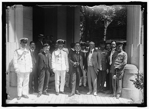 JAPANESE MISSION TO U.S. ARRIVED AUGUST 13, 1917. COMDR. ANDO, IMPERIAL JAPANESE NAVY; MASSANAO HANIHARA, CONSUL GEN. AT SAN. FR.: VICE ADM. TAKESHITA;VISCOUNT ISHII, HEAD OF THE MISSION; AMBASSADOR SATO; MAJ. GEN. SUGANO WITH MEDALS; MATSUZONAG