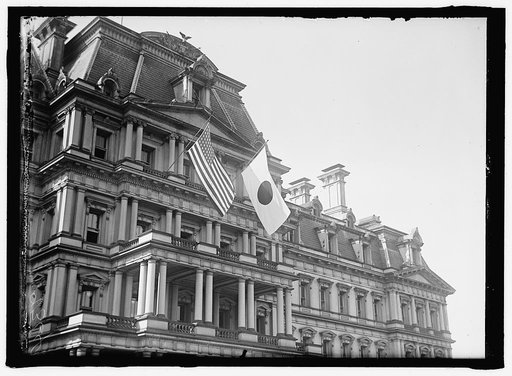 FLAGS. JAPANESE AND UNITED STATES FLAGS ON STATE, WAR, AND NAVY BUILDING; JAPANESE MISSION
