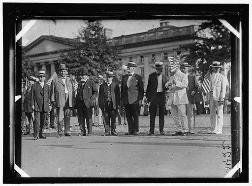 DRAFT PARADE. SENATORS: CHAMBERLAIN; J.H. BANKHEAD; KNUTE NELSON; HARDWICK; WARREN; LODGE; (HIDDEN BY FLAG); SAULSBURY; UNIDENTIFIED