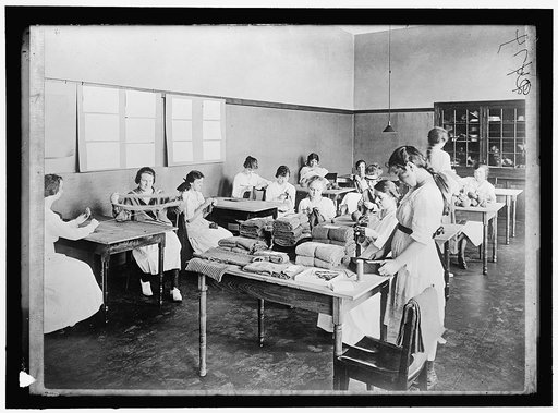 RED CROSS GARMENT DIVISION. MISC. VIEWS OF WORK ROOMS AND WOMEN SEWING, KNITTING, ETC.