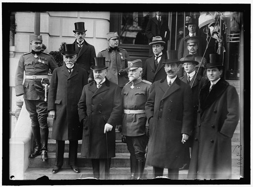 SERBIAN MISSION TO THE U.S. ATL. LT. COL. MICHAILO MENADOVITCH; DR. SIMA LOZANITCH, FORMER MINISTER TO LONDON; FRONT, DR. MILENKO VESVITCH, HEAD OF THE MISSION; FRONT, GEN. MICHAILO RACHITCH; MR. L. MICHAILOVITCH, SERBIAN MIN. TO U.S. REAR: LEFT, VLADISLAV MARTINATZ; CAPT. MILAN YORITEHITCH. OTHERS 