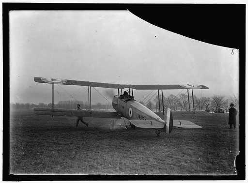 ALLIED AIRCRAFT. DEMONSTRATION AT POLO GROUNDS. COL. CHARLES E. LEE, BRITISH AVIATOR, WITH AVRO TRAINING PLANE DESIGNED BY A.V. ROE OF ENGLAND
