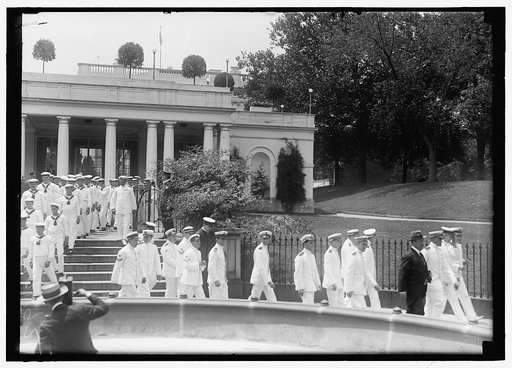 ITALY: OFFICIALS, NOTABLES. ITALIAN SAILORS LEAVING WHITE HOUSE. AMBASSADOR MACCHI DI CELLERE 4TH FROM RIGHT