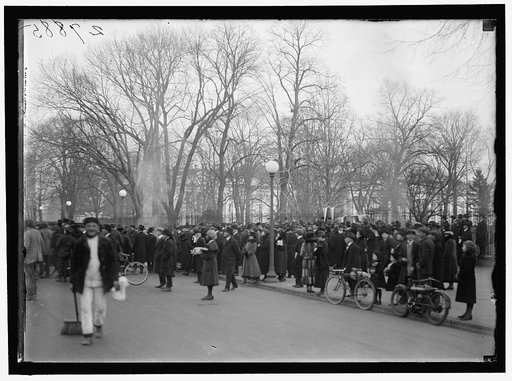 WOMAN SUFFRAGE. BONFIRE ON SIDEWALK BEFORE WHITE HOUSE