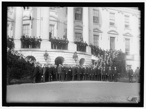 LABOR. LABOR REPS. AT WHITE HOUSE. SEATED: PRESIDENT WILSON; SEC. WILSON; SEC. HOUSTON; SEC. REDFIELD. ROGER BABSON IS STANDING 4TH LEFT OF WILSON; FRANK MORRISON IS EXTREME RIGHT IN 30047, AND 3RD