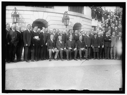 LABOR. LABOR REPS. AT WHITE HOUSE. SEATED: PRESIDENT WILSON; SEC. WILSON; SEC. HOUSTON; SEC. REDFIELD. ROGER BABSON IS STANDING 4TH LEFT OF WILSON; FRANK MORRISON IS EXTREME RIGHT IN 30047, AND 3RD FR