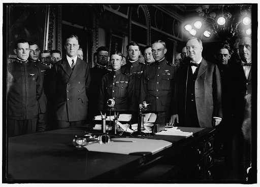 AVIATION, NAVY. TRANS-ATLANTIC FLIGHT AVIATORS. FRONT: BELLINGER, PATRICK, N.L.; ROOSEVELT; RICHARDSON, HOLDEN C.; 2ND ROW: REED, ALBERT CUSHING; HINTON, WALTER; TOWERS; DANIELS; N.C. STONE OF CREW OF N C 4