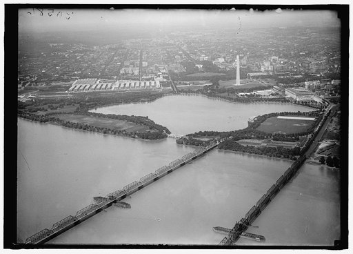 LONG BRIDGE. AIRPLANE VIEW OF, WITH TIDAL BASIN, MONUMENT, ETC.