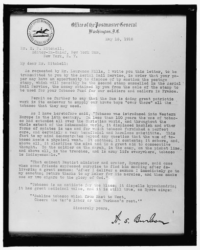 NEW YORK SUN. FIRST AIR MAIL LETTER, 1918