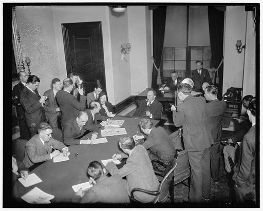 Majority Senate leaders press conference. Washington, D.C. Jan. 2. Joe Robinson, the Senator from Arkansas who is the majority leader of the Senate held the first press conference this year. Sen. Robinson said that the principle problems confronting the coming session of Congress are neutrality, bud