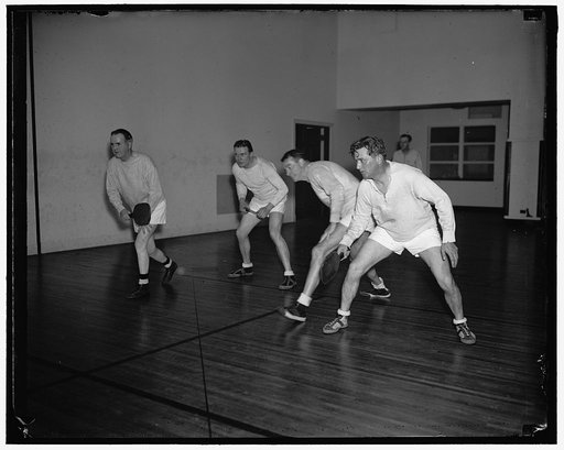 Action[?] playing "paddle ball" in "House gym" left to right: Rep's Emmett O'Neal of Ky; Robert G. Allen of Pa; Matthew J. Mennit[?] of Ny; and Jas. P. Richards of SC