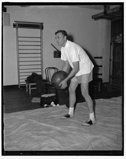 N.Y. Representative works out, keeps fit. Washington D.C. Congressman Hamilton Fish of New York who was All American on the Harvard football team of 1908 still keeps in trim after hours at the Hill by going to the gymnasium in House Office building, he looks almost as fit as he did when he was in hi