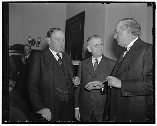 Ickes confers with Senators on Nat. Aud. Washington D.C. Secretary of the Interior Harold Ickes aAppeared before the Senate Public Buildings and Ground Committee today where Ickes presented a general plan for the new proposed National Auditorium so that there will not be a reccurance of the wet Inag