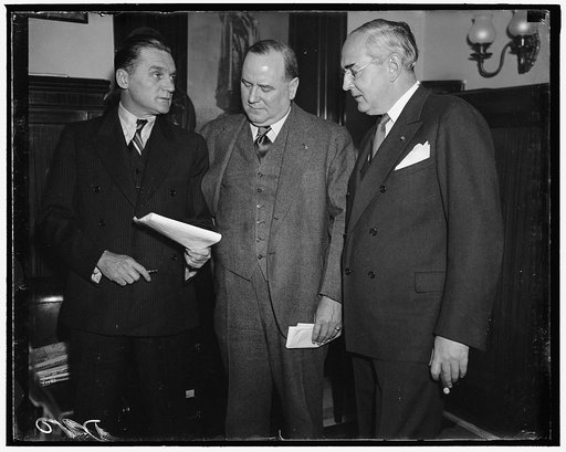 Senate clock for new neutrality bill. Washington D.C. The three of the four senators that have formed a bill to be presented to Congress on neutrality. The bill will regulate all commerce in time of war and instruct the President to confine all commerce with belligerents on a "cash and carry" basis.