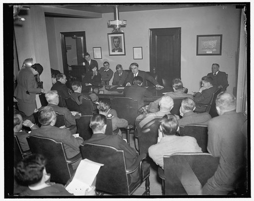 SRO sign out on Lewis' press conference. Washington D.C., March 6. John L. Lewis, President of the United Mine Workers and organizer of the CIO plays to packed house every time he holds a press conference these days. The standing room only sign was hung yesterday when the labor leader called the new