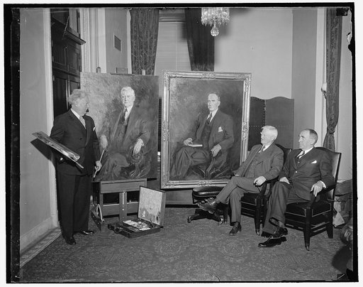 Bosses of Senate and House admire portraits by Christy. Washington, D.C., March 10. Vice President Garner and Speaker of the House William B. Bankhead view the oil portraits of themselves by Howard Chandler Christy, (left) noted American artist. The portrait of Speaker Bankhead is completed but the 
