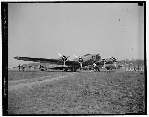 New Army Bomber arrives at Bolling Field. Washington, D.C., March 10. The new 4 engine Boeing bomber, the first of 13 which will be delivered to the U.S. Army Air Corps, as it landed at Bolling Field today after a short hop from Langley Field, Va., 3/10/1937