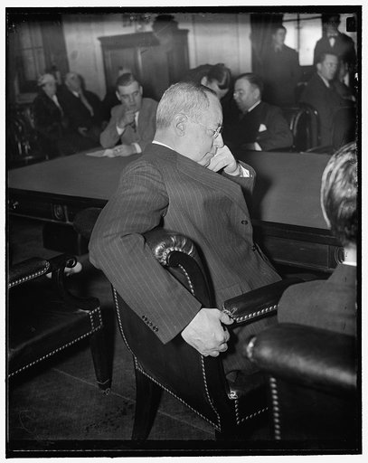 New York Stock Exchange Head at Senate hearing. Washington, D.C., March 2. Charles R. Gay, President of the New York Stock Exchange, seems in a pensive mood as he listens to testimony during hearing of the Senate Railroad Financing Committee today. Gay is slated to be questioned by the Committee eit