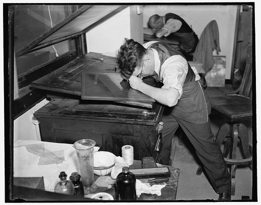 Geological Survey, Interior Dept. Washington, D.C., Mar. 13. Horace Johnson engraving one of the copper plates that is used for a topographical map