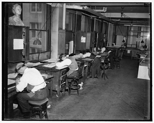 Geological Survey. Washington, D.C., Mar. 13. Lithographic draftsmen correcting the printing plates at the Dept. of Interior Geological Survey Section