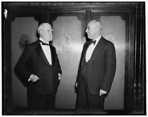 Chief Justice makes public appearance. Washington, D.C., March 15. Chief Justice Charles Evans Hughes, left: made one of his few public appearances last night when he attended the Alumni dinner of Brown University at the Mayflower Hotel here, he introduced Henry M. Wriston, the newly inaugrated Pres