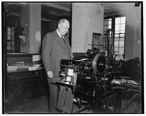 Cost $2,000,000 to write U.S. checks. Washington, D.C., March 17. Reflecting the widening range of federal activity, the Treasury, as the Nation's Paymaster, issed 35,735,746 checks in 1936, as compared with 28,509,924 in 1935. Guy F. Allen, Chief Disbursing Officer of the Treasury says to make thes
