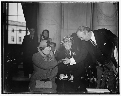 Welcome ladies! Washington, D.C., March 19. The open hearing being by the Senate Judiciary Committee on the President's proposed Supreme Court plan is proving the "hit" of the present congressional session, at least by the members of the fair sex. Here we see Senator Henry F. Ashurst, Chairman of th