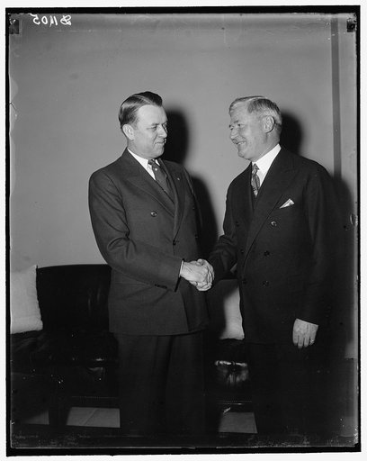 Hatchery Tribune Council. Rep. Elmer Wene from N.J. (left), Sen. Moore (right), 3/11/37