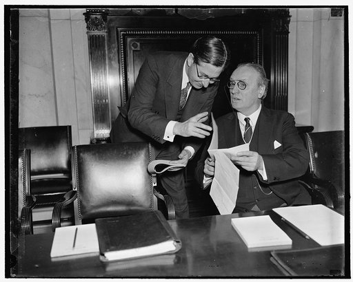 Implicates industry for part of blame for sit-down strikes. Washington, D.C., March 20. Senator James E. Murray (left) of Montana, declared today that industry is part to blame for sit-down strikes. Murray veiled a reference to the Supreme Court when he said, "this is the only powerful nation in the