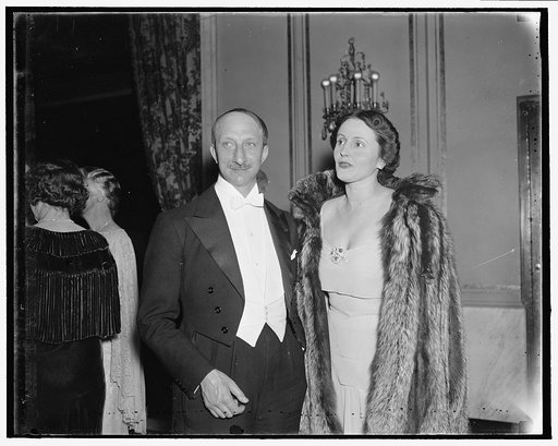 French Ambassador and Mme. Bonnett. Washington, D.C., April 3. The French Ambassador and Mme. Georges Bonnett pictured as they attended the Ball of Nations in the Capital this week, 4/3/1937