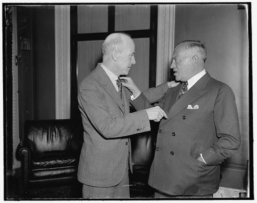 Awaiting decision on Labor Relations Act. Washington, D.C., April 5. Senator Robert F. Wagner, (right) of New York, author of the Wagner Labor Relations Act, and Rep. William P. Connery, Jr., of Massachusetts, who sponsored the legislation in the house, are anxiously awaiting the decision of the Sup