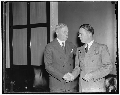Advice from a veteran to a rookie. Washington, D.C., April 6. Senator A. Harry Moore, of New Jersey, gives a bit of advice to Rep. Edward Leo O'Neill, rookie congressman from the same state. Rep. O'Neill is one of the baby members of the 75th congress, 4/6/1937