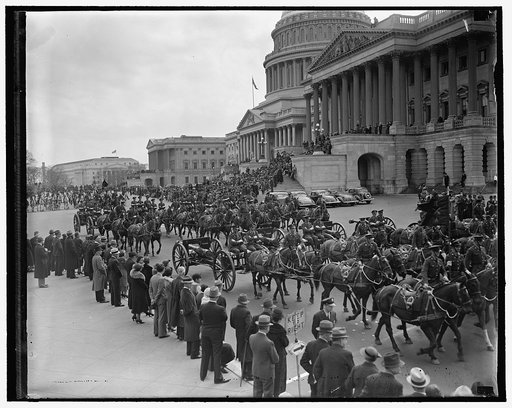 Army Day in Capital. Washington, D.C., April 6. A colorful peacetime parade marked the Capital's 10th celebration of Army Day and the 20th anniversary of the day America entered into the World War. This picture was made as the parade passed the Capitol where it was reviewed by both Houses of Congres