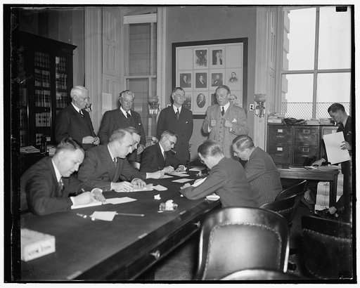 Judiciary still to continue. Washington, D.C., April 17. Newshawks that have been covering the Senate Judiciary hearing at the Capitol today expected to hear that the hearings would cease. In the above picture the reporters are learning that the hearing will continue for another ten days at least. L