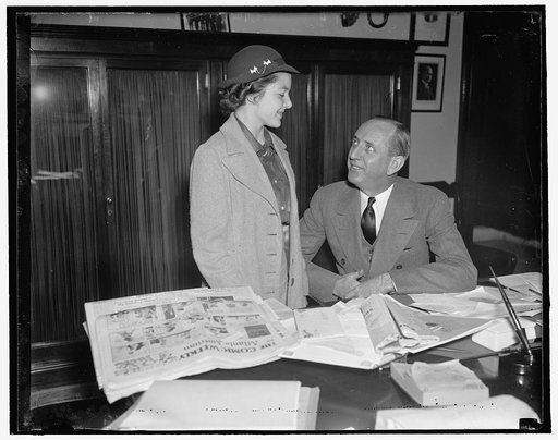 To christen U.S.S. Savannah. Washington, D.C., May 3. Jane Dowden who is the niece of Senator Richard B. Russell, Jr. of Georgia was chosen to christen the cruiser Savannah at Camden, New Jersey this Saturday. She is shown with her uncle Sen. Russell as she visited at the Capitol today, 5/3/1937