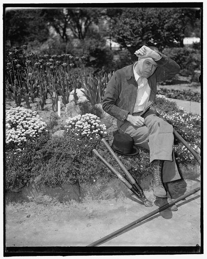 Mopping his brow and a rest. Washington, D.C., May 7. Rep. W.R. Poage of Texas, taking a rest after working in the Botanical Gardens, (see other caption on first picture) no. 3