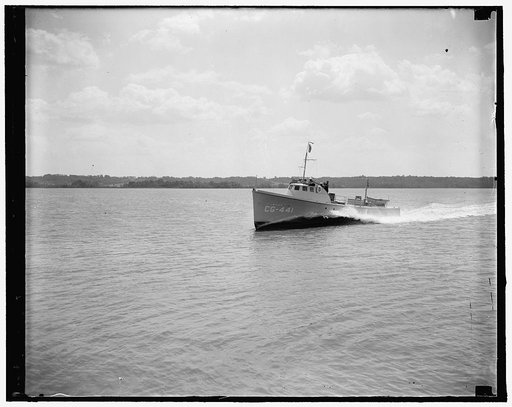 New Coast Guard boat capable of 35 miles an hour. Washington, D.C., May 17. One of the fastest things afloat, the new U.S. Coast Guard patrol boat #441 was put thru its paces on the Potomac River today for the benefit of treasure officials. The cruiser, which is one of eight to placed in law enforce