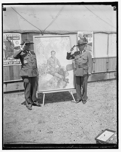 Official Boy Scout poster. Dr. James E. West, Chief Scout Executive of the Boy Scouts (left) and Rep. Sol Bloom of New York with the official poster. This poster was painted and donated to the Boy Scout Jamboree by Howard Chandler Christy. It, the poster, will be distributed all over the world for t