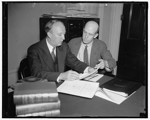 Authors of Administration Minimum Wage and Maximum Hours of Work Bill. Washington, D.C. May 24. Senator Hugo L. Black, (left) democratic senator from Alabama and Chairman of the Senate Committee on Education and Labor, and Rep. William P. Connery Jr, of Massachusetts Chairman of the House Labor Comm